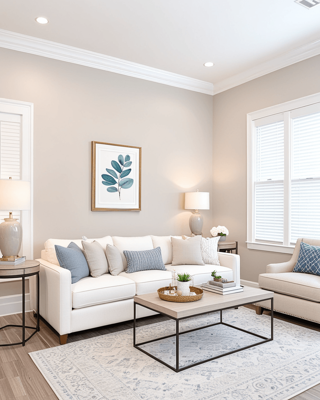 Pastel Living Room Interior paint color combination — Egret White *