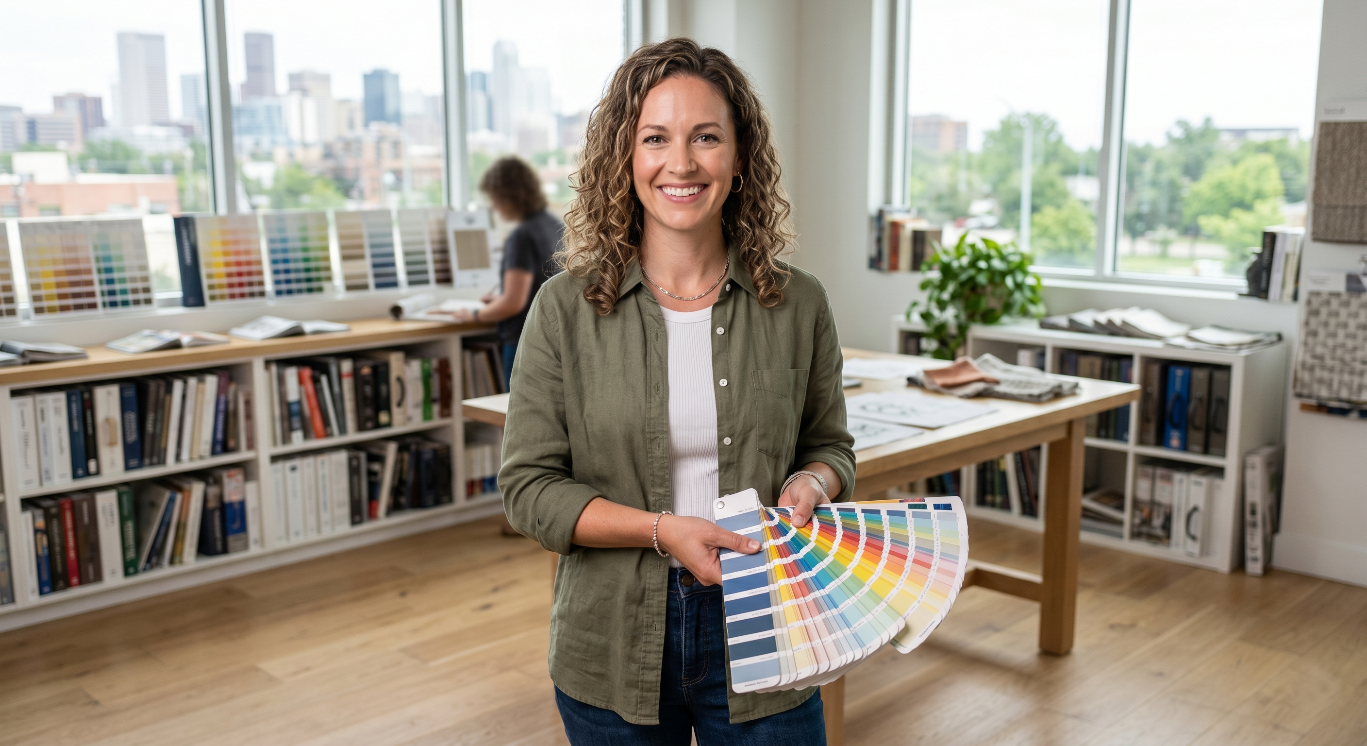 Designer reviewing paint fandeck samples